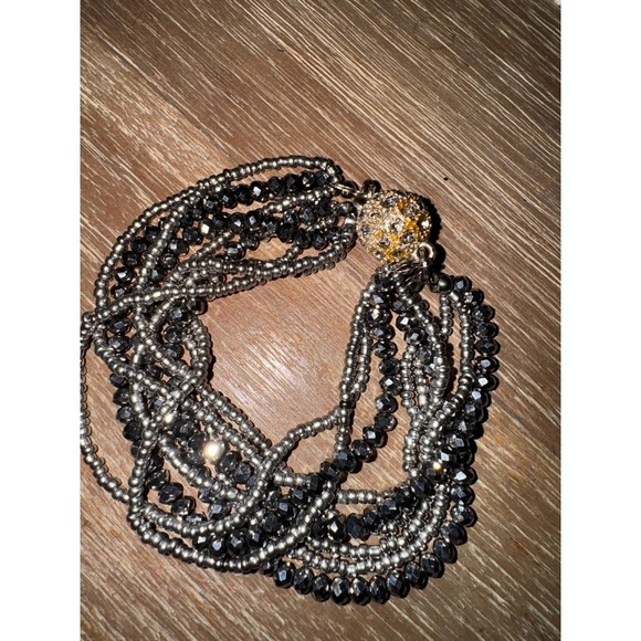 Black Beaded Bracelet Gold Pave Ball Clasp Multi Strand Statement Jewelry - Picture 3 of 6